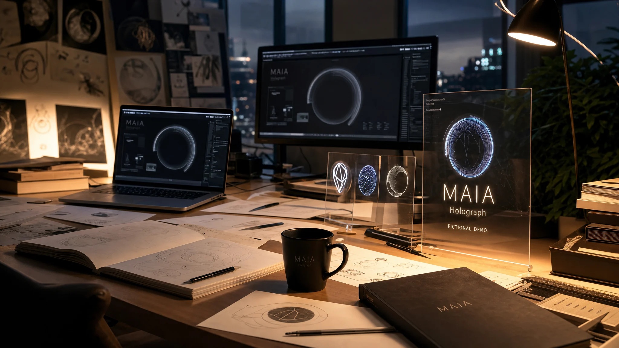 Holograph studio workspace with MAIA campaign thinking and abstract system visuals