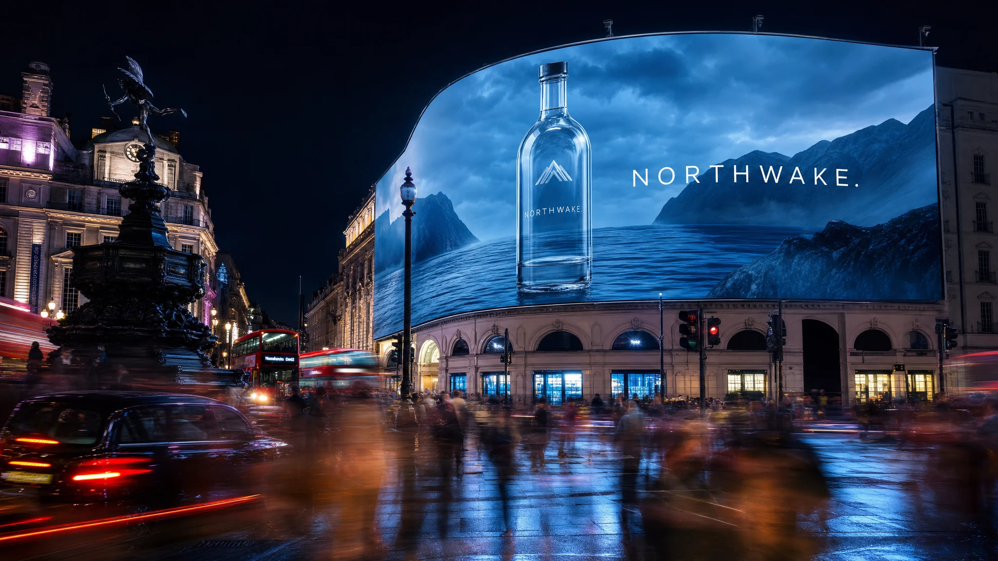 NORTHWAKE premium water campaign on a Piccadilly Circus-style digital billboard with long-exposure crowd movement