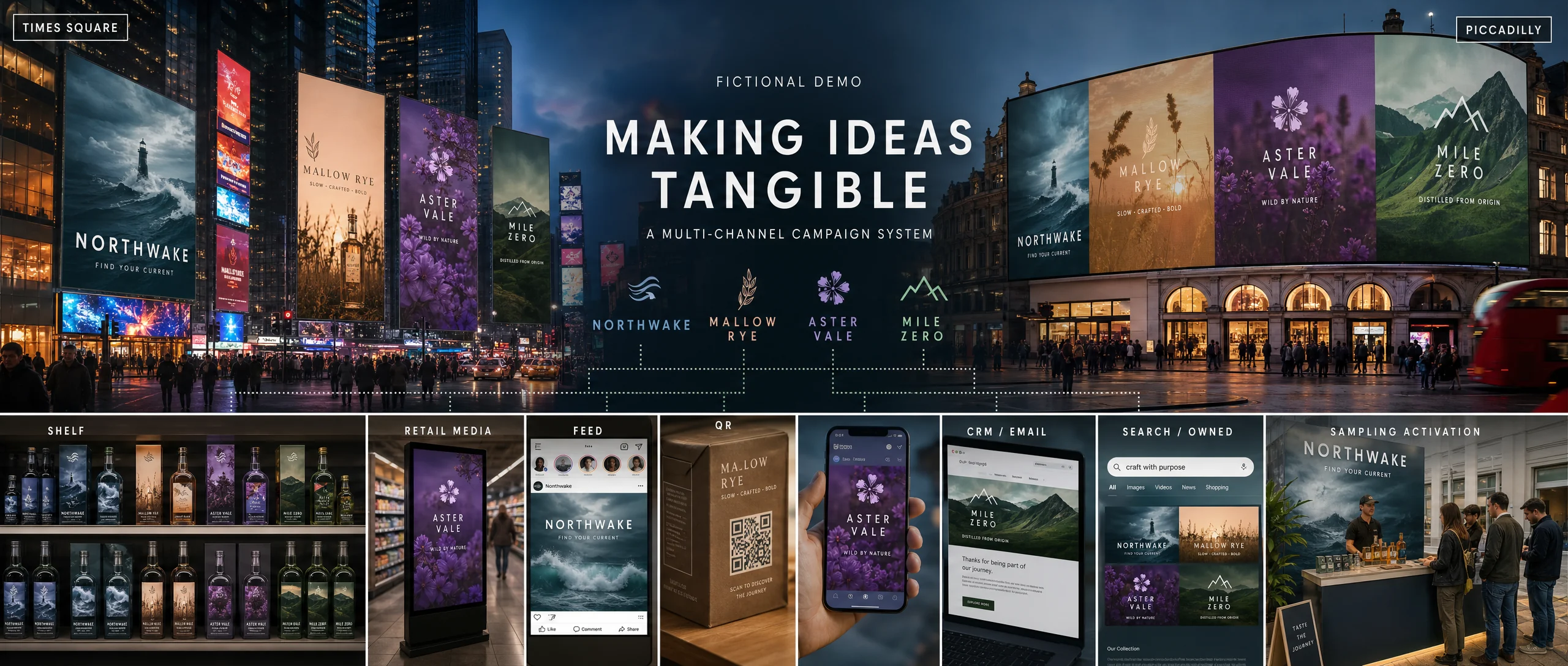 Multi-channel campaign system across shelf, feed, Times Square-style and Piccadilly-style media