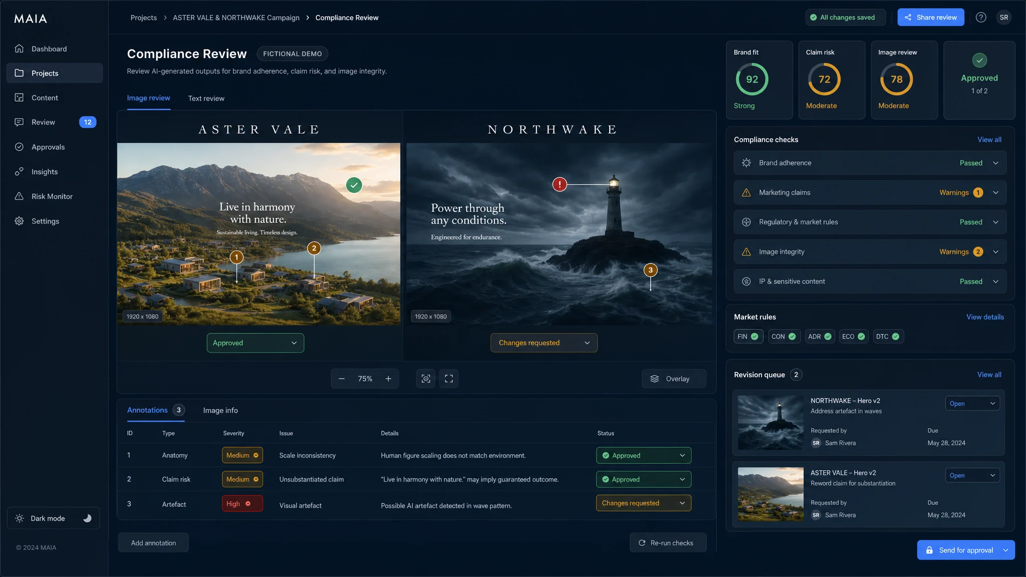 MAIA compliance review UI for text, image, claims and market-rule checks