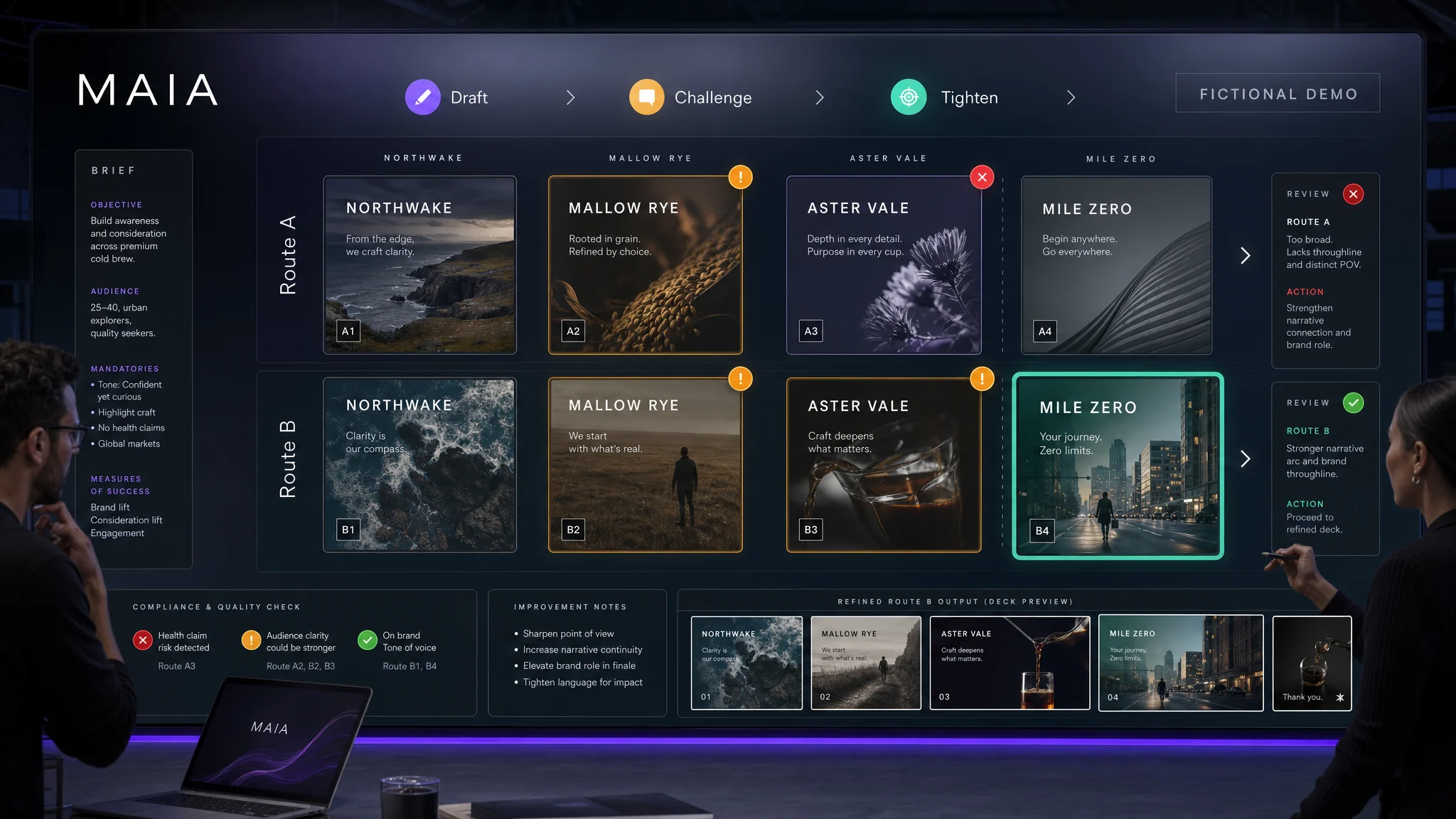 MAIA campaign route board showing draft, challenge and tighten stages