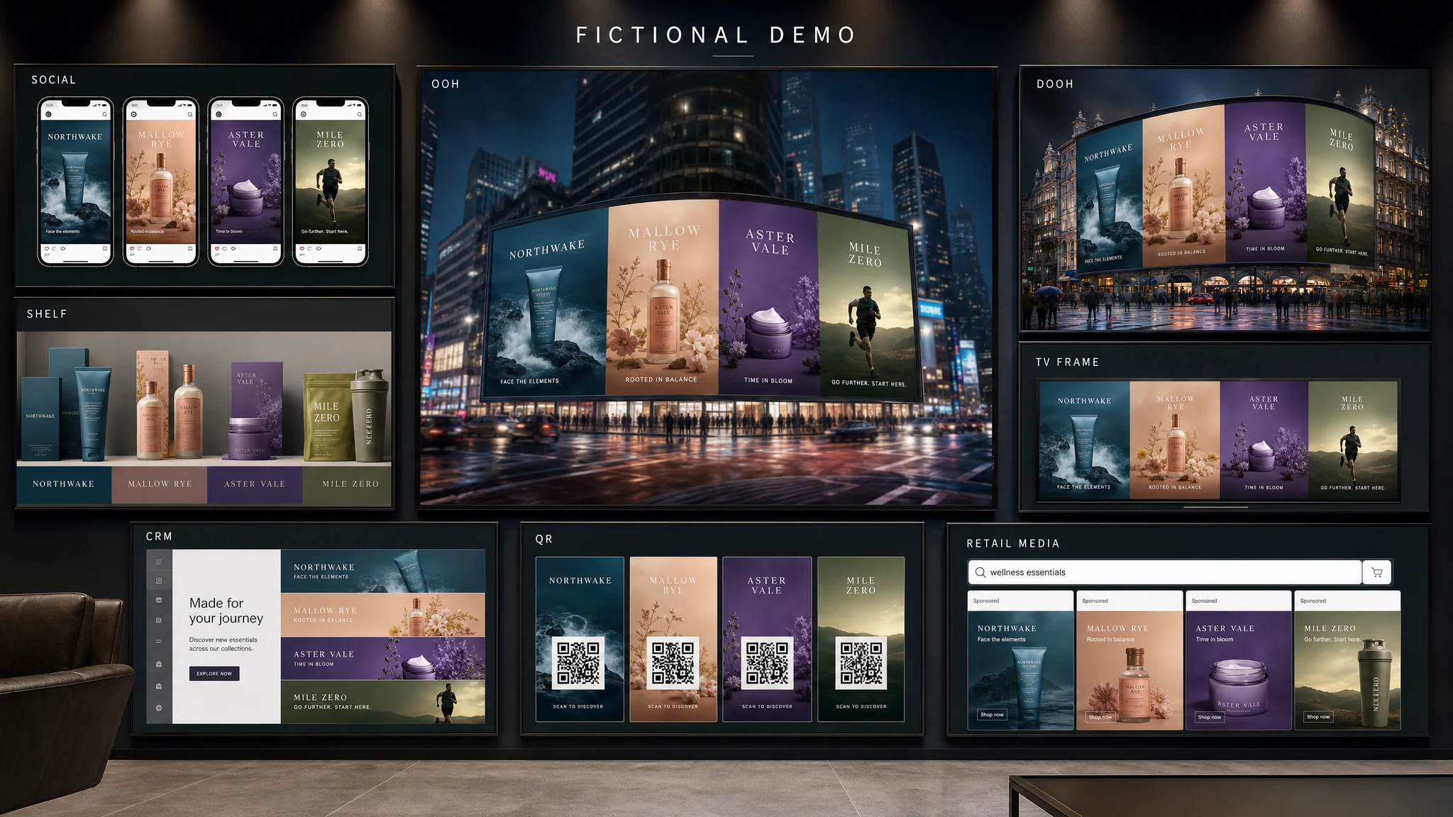 MAIA channel mockup wall across OOH, shelf, social, QR, CRM and retail media